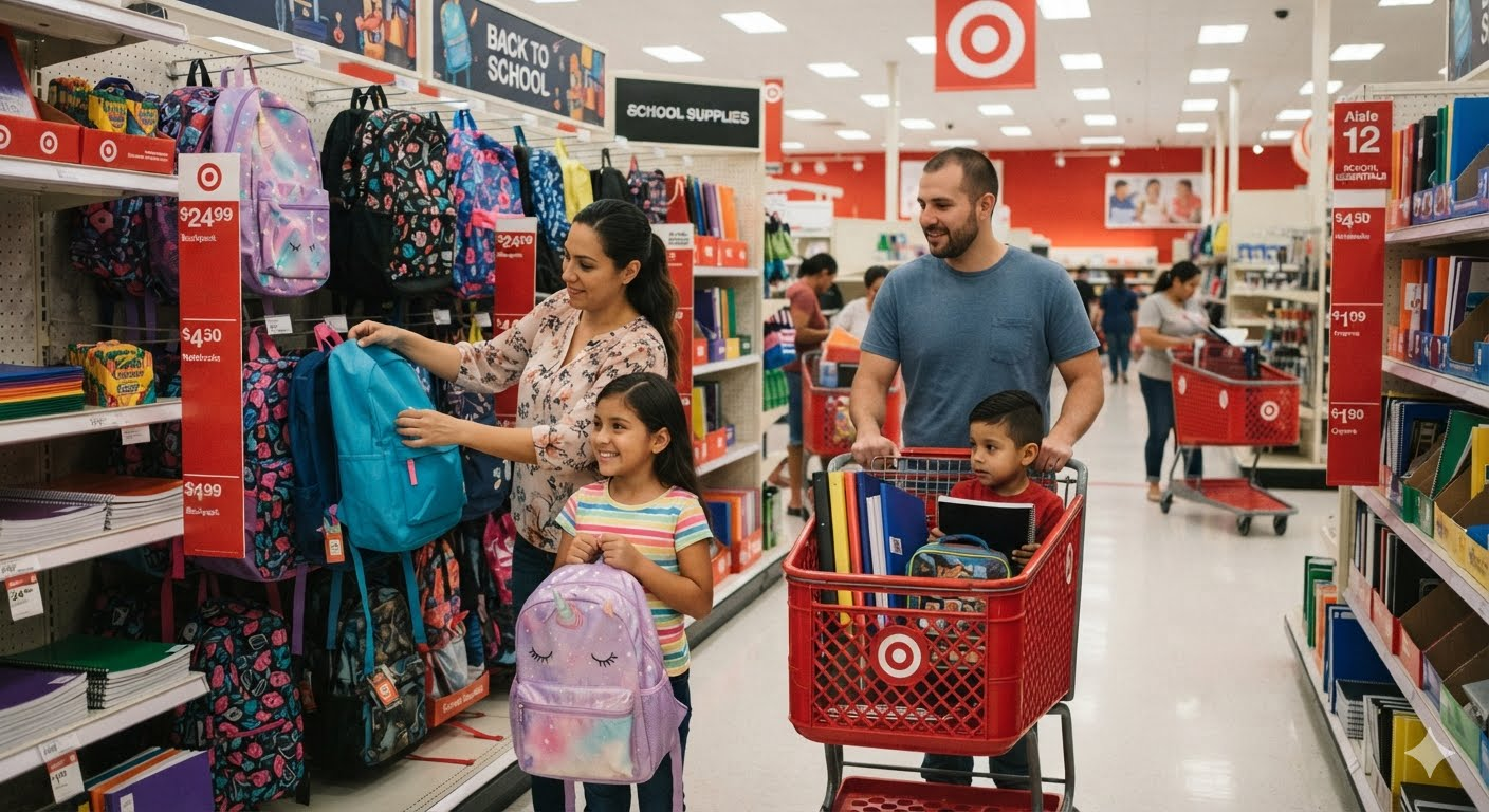 Familia recorriendo los pasillos de útiles escolares en una tienda durante la temporada de back-to-school 2026