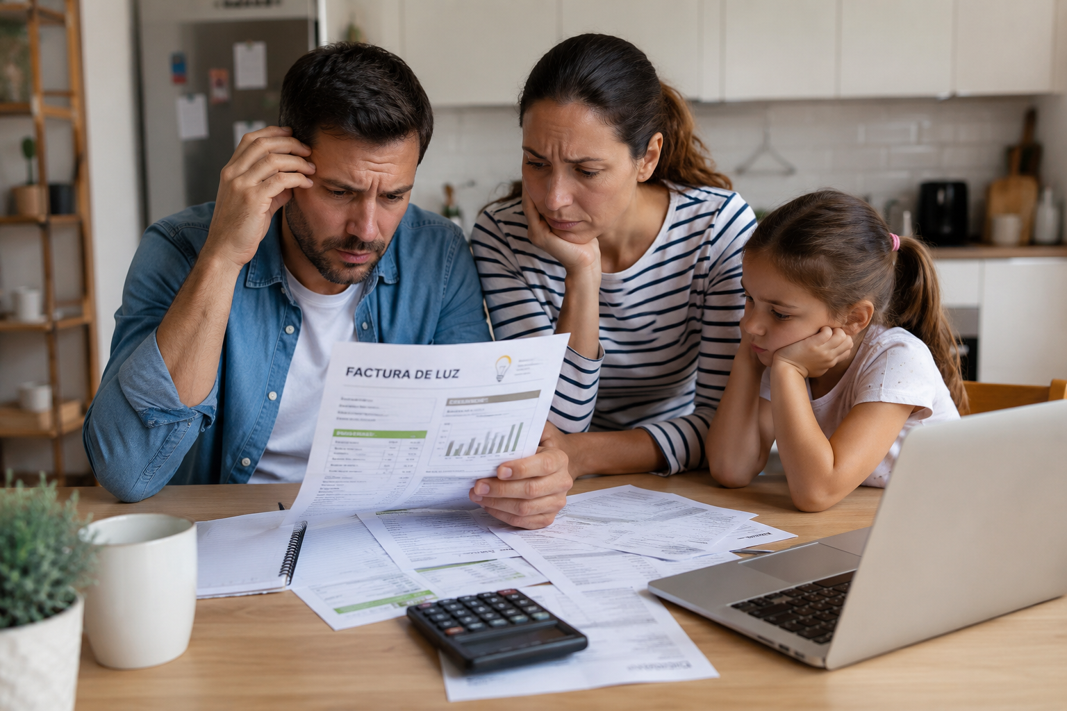 Familia española revisando preocupada la factura de la luz y las cuentas del hogar