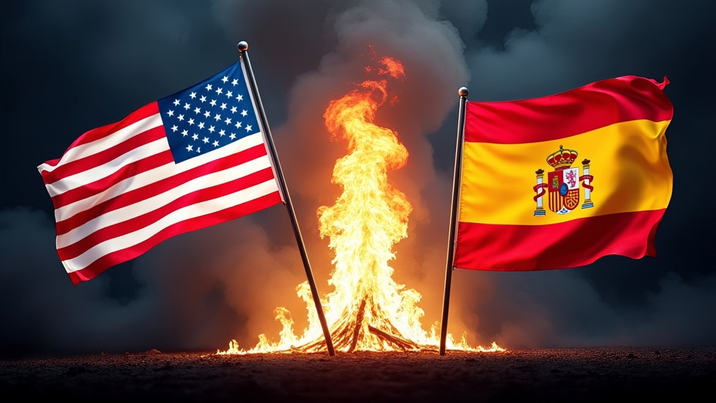 Banderas de Estados Unidos y España enfrentadas con fuego entre ambas, ilustrando la tensión comercial anunciada por Trump