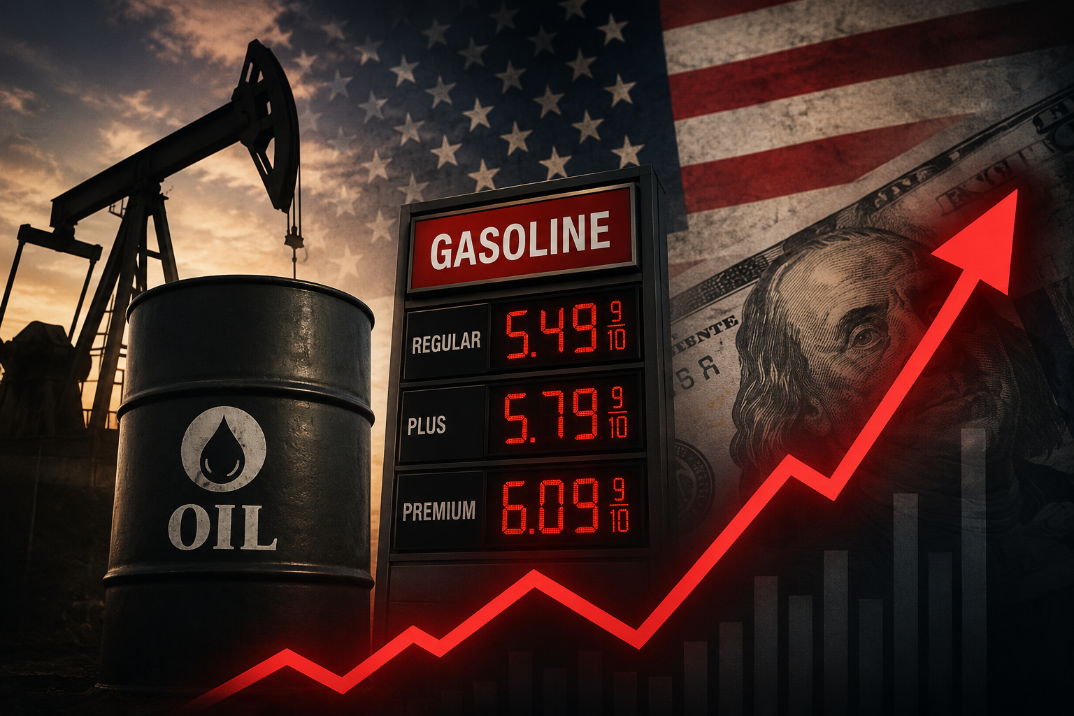 Oil pump jack, gas price sign, and rising dollar bill symbolizing the 2026 oil price surge